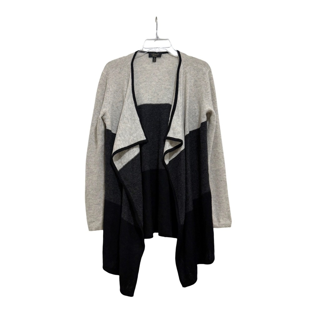 Charter Club Luxury 100% Cashmere Colorblock Waterfall Cardigan Grey Black M